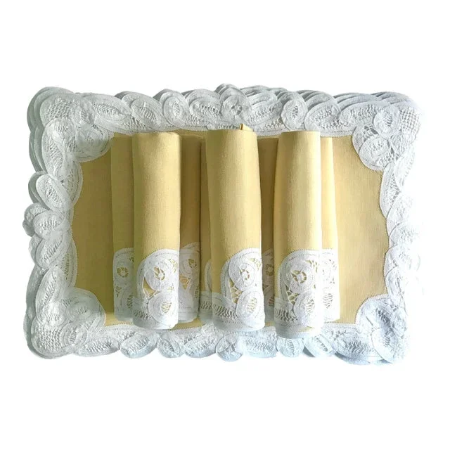Vintage Yellow and Battenberg Lace Placemats, Napkins and Runner, S/23