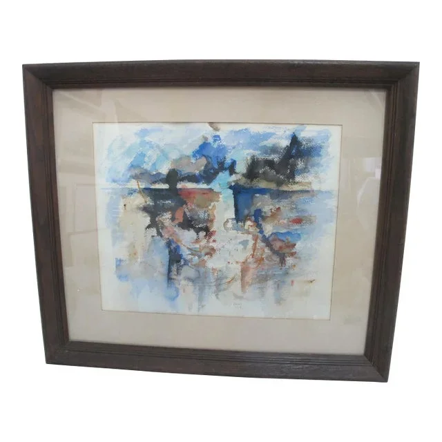 Walter Hawk Framed Blue Abstract Mid Century Modern MCM Art Watercolor Painting