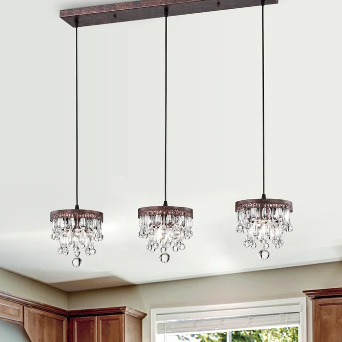 Warehouse of Tiffany Jerri Antique Copper 3-Light 5-Tier Hanging Crystals Kitchen Island Pendant Light