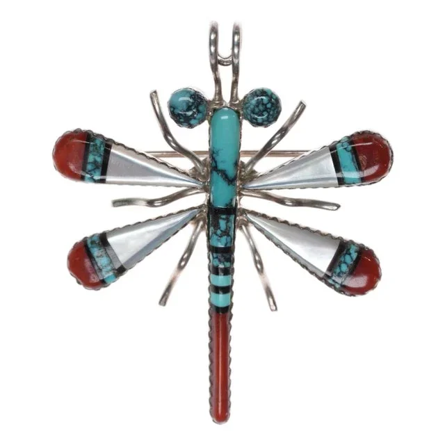 Wayne and Jocelyn Haloo Zuni Dragonfly high grade turquoise/coral/shell pendant/pin