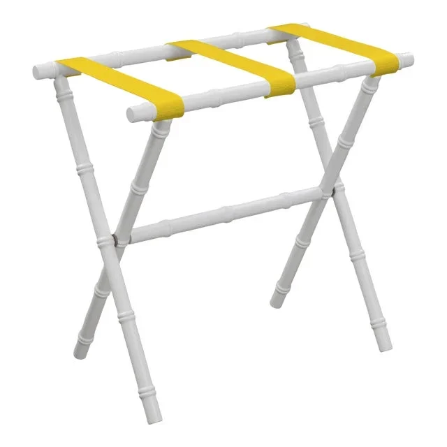 White Wood Bamboo Inspired Luggage Rack with 3 Yellow Nylon Straps
