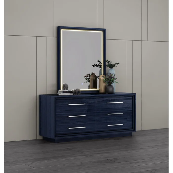 Whiteline Modern Living Alexander Mirror, High Gloss Saphire Blue and LED Light