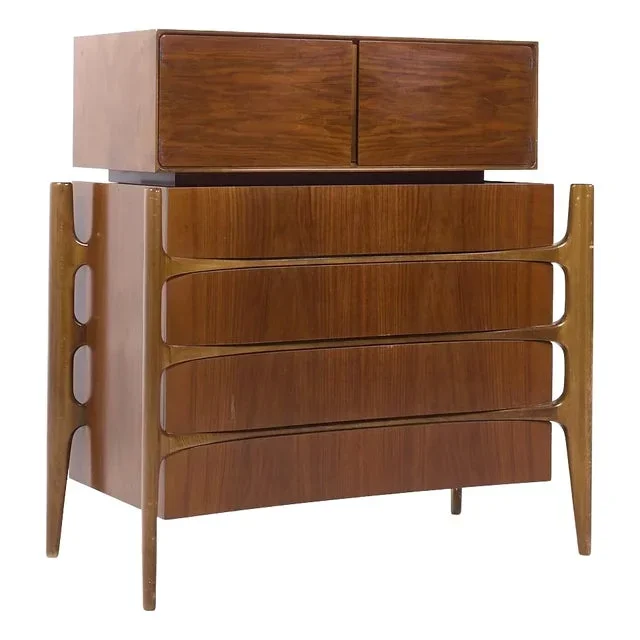 William Hinn Mid Century Walnut Curved Front Highboy Dresser