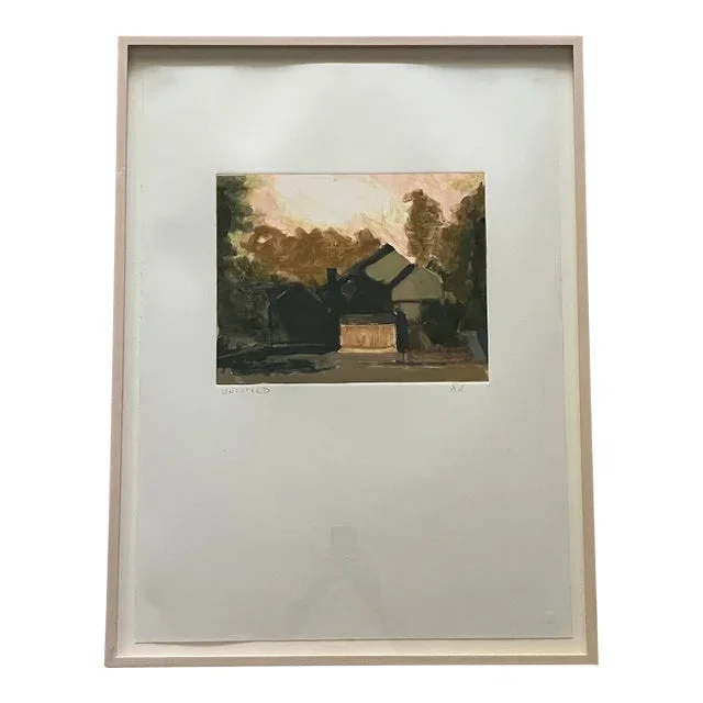 Wonderful Abstract Cottage Scene, Painting on Paper, Signed and Framed