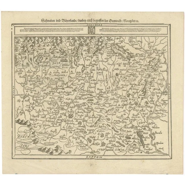 Woodcut Map of Swabia and Bavaria in Germany, 1628