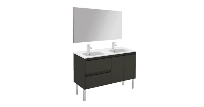 WS Bath Collections Ambra 48″ Free Standing Double Basin Vanity Set with Cabinet, Ceramic Vanity Top, and Mirror