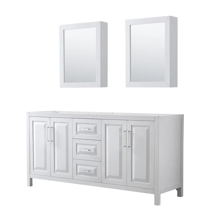 Wyndham Collection Daria 72 Inch Double Bathroom Vanity in White, No Countertop, No Sink, and Medicine Cabinets