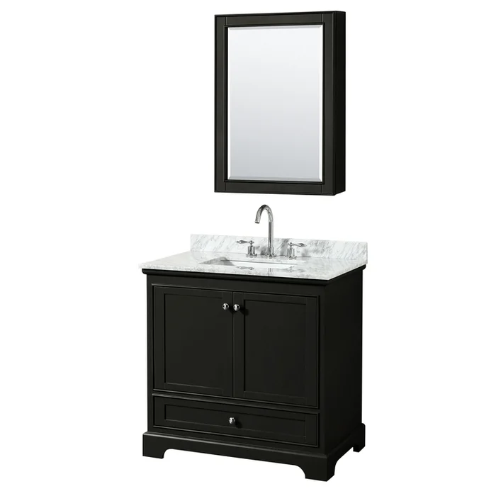 Wyndham Collection Deborah 36 Inch Single Bathroom Vanity in Dark Espresso, White Carrara Marble Countertop, Undermount Square Sink, and Medicine Cabinet