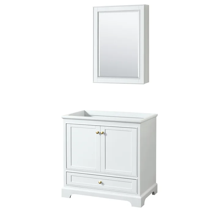 Wyndham Collection Deborah 36 Inch Single Bathroom Vanity in White, No Countertop, No Sink, Brushed Gold Trim, Medicine Cabinet