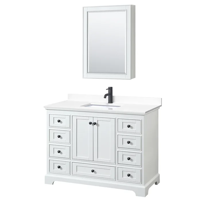 Wyndham Collection Deborah 48 Inch Single Bathroom Vanity in White, White Cultured Marble Countertop, Undermount Square Sink, Matte Black Trim, Medicine Cabinet